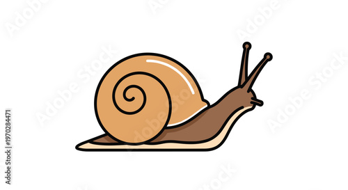 A simple and charming cartoon snail with a spiraled tan shell and a brown body crawls slowly across a pristine white horizontal space in a clean profile.
