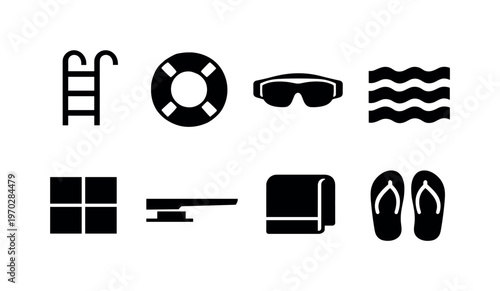 Swimming pool: pool ladder, lifebuoy, swim goggles, water wave, pool tiles, diving board, towel, flip flops