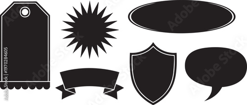 Black silhouette shapes collection tags stars shields and bubbles