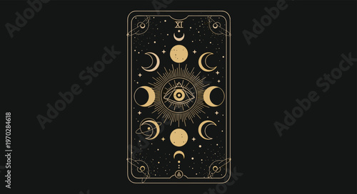 Celestial tarot card design with moon phases stars and all seeing eye symbol in gold on dark background for spiritual practice.