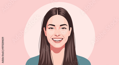 Smiling young woman with long dark hair in stylized vector portrait against soft pink circle background for social media profile.