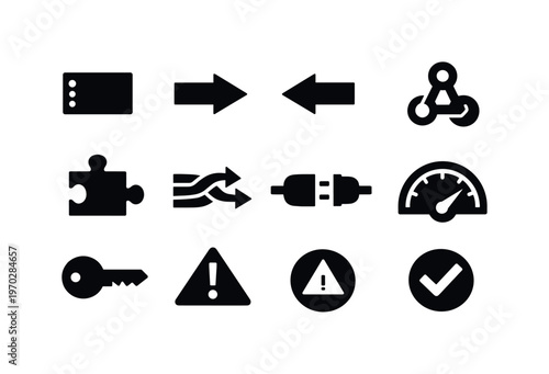 API and integration: API endpoint node, request arrow, response arrow, JSON brackets, webhook hook, integration puzzle piece, data mapping arrows