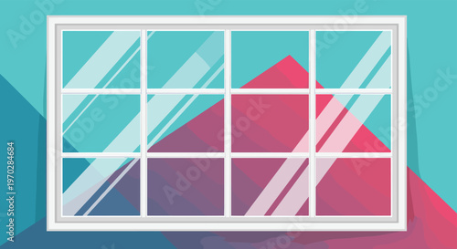 Flat illustration of white framed window with view of red mountain peaks and blue sky for minimalist home decor concept.