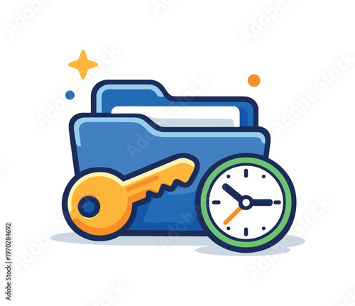 Digital legacy management and organization of online assets for future access and continuity, a folder combined with a key and a small clock