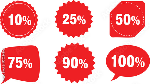 Colorful discount badges and labels 10 to 100 off sales promotions