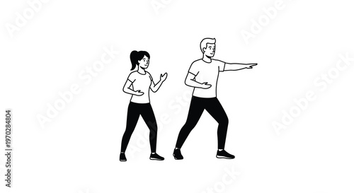 A clean black and white line drawing of a man and a woman performing synchronized lunges or martial arts exercises rests on a minimalist white background.