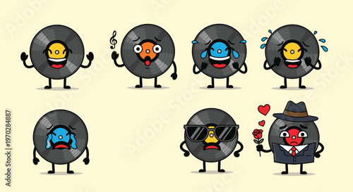 Set of cute cartoon vinyl record characters with different facial expressions and accessories on cream background for music lovers.