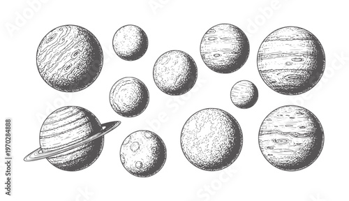 Black and white hand drawn of various planets with textures astronomy space handdrawn
