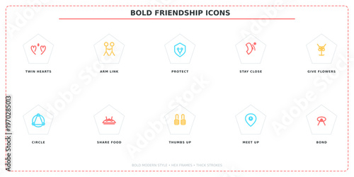 Bold friendship icons set, 10 colorful relationship line vector elements, social connection and community symbols for web design