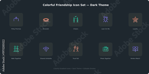Colorful friendship icon set on dark theme, 10 linear vector elements for social connection, modern relationship and community symbols