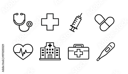 Healthcare and medical essentials: stethoscope, medical cross, syringe, pill capsule, heart monitor, hospital building, first aid kit, thermometer