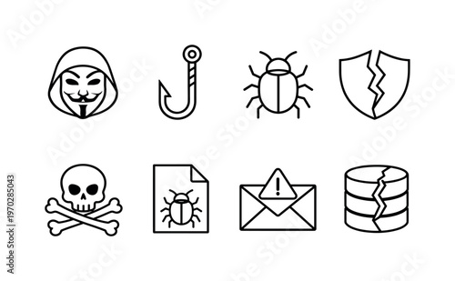 Cyber attack and threats: hacker mask, phishing hook, malware bug, broken shield, warning skull, infected file, spam email, data breach crack