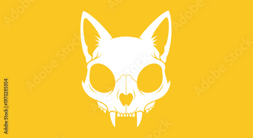 White silhouette of cat skull with large eye sockets and sharp teeth on solid yellow background for edgy graphic design.