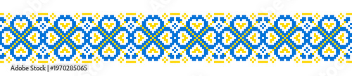 Ukrainian Vyshyvanka seamless pattern in blue and yellow cross stitch vector, geometric embroidery border