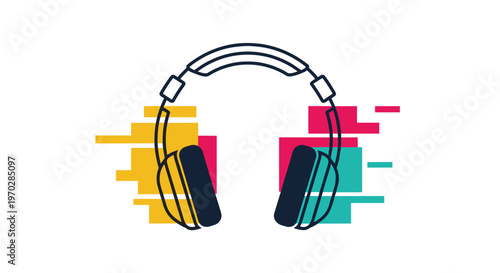 Modern illustration of over ear headphones with colorful abstract geometric blocks for music production and podcasting themes.