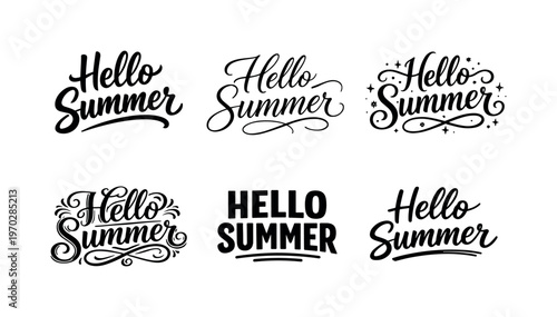 The phrase Hello Summer interpreted through six visually different lettering treatments presented as a coordinated typographic collection arranged