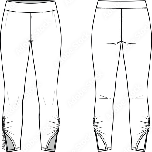 Technical fashion illustration of leggings, front and back view, wide waistband, fitted silhouette, ruched detailing, stirrup extensions, garment construction design