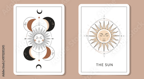 Two mystical tarot cards featuring celestial sun and moon symbols with faces and intricate line work on soft tan background.