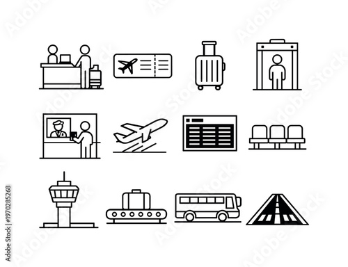 Airport travel process: check-in counter, boarding pass, luggage suitcase, security scanner, passport control booth, airplane taking off, departure