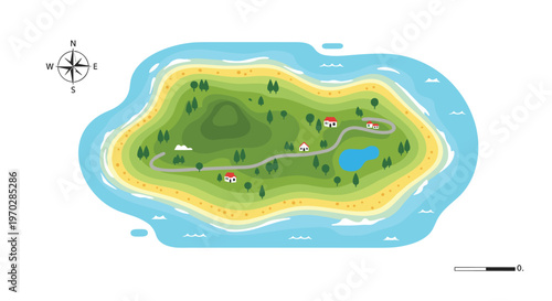 A colorful and detailed aerial map of a tropical island features lush green hills and yellow sandy beaches surrounded by sparkling blue ocean water.