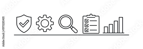 Quality assurance and process improvement for maintaining high standards and continuous optimization in business operations, checkmark badge, gear