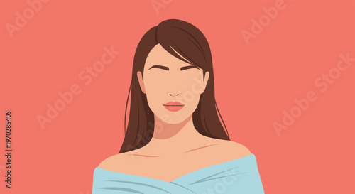 Minimalist faceless portrait of woman with long brown hair and pink lips against coral background for fashion and beauty blog.