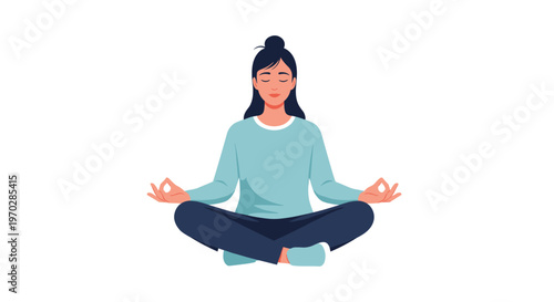 Calm woman practicing yoga meditation in lotus pose with hands in mudras on white background for wellness and health concept.