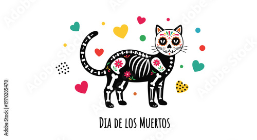 Decorative cat skeleton illustration for dia de los muertos celebration with colorful flowers and hearts on white background.