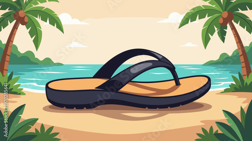 Black flip-flop sandal on beach with palm trees and ocean background  