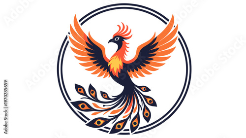 Colorful phoenix bird illustration with fiery details and circular design  