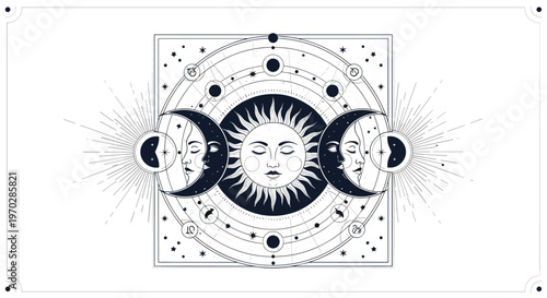 Intricate mystical illustration of sun moon faces and celestial star charts in black and white for esoteric and spiritual art.