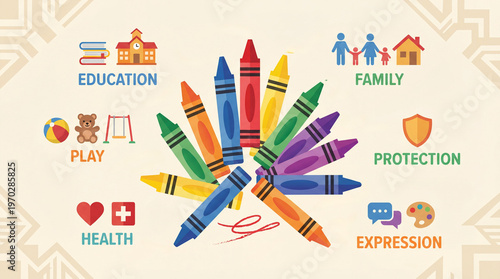 Colorful crayons arranged in a circle symbolizing children's rights  