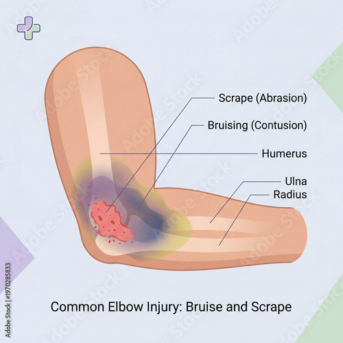 Common elbow injury illustration showing bruise and scrape details  