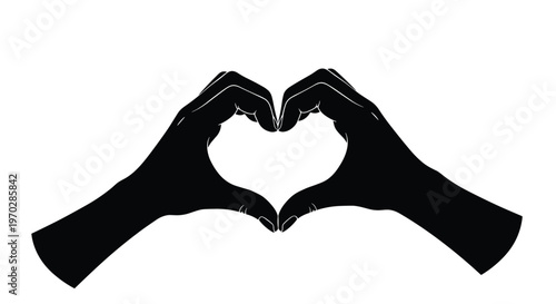 Black silhouette of two hands coming together to form heart shape on white background representing love and friendship symbols.