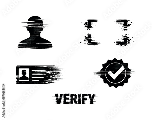 Digital identity verification and onboarding theme, a set of four glitch-distorted monochrome objects placed on a perfectly clean white background