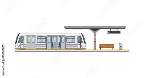 A sleek and modern commuter train with purple accents sits at a minimalist station platform featuring a wooden bench and a digital information sign.