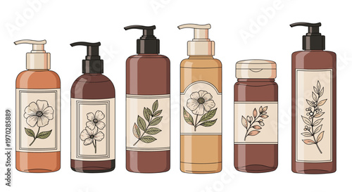 Collection of natural cosmetic pump bottles with elegant botanical labels for organic skin care and beauty product branding.
