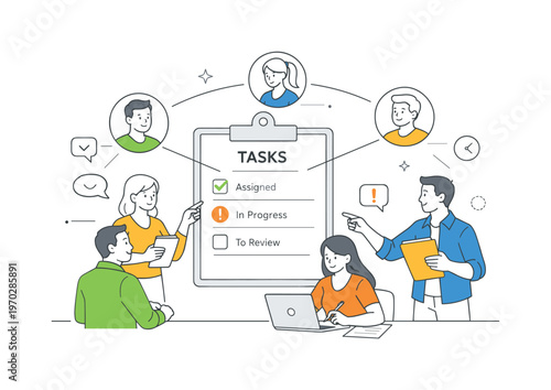 A accountability and responsibility tracking scene showing a small team managing duties around a large clipboard and user icons, using a clean visual