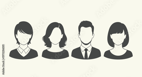 Group of four minimalist head and shoulders avatar silhouettes for diverse men and women in professional business attire.