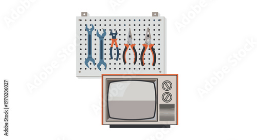 Vintage television set with manual dials sits beneath a grey pegboard organized with various metal wrenches and pliers against a clean white backdrop.
