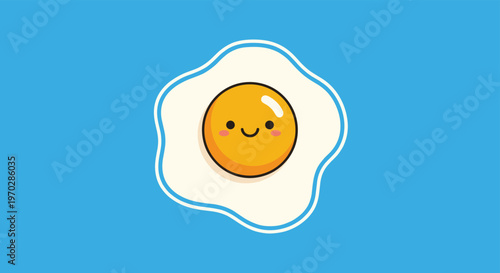 Happy cartoon fried egg character with smiling face on blue background representing breakfast food and healthy eating concept.