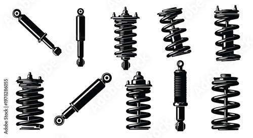 Various automotive shock absorbers and coil springs presented as a black silhouette