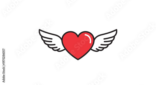 Simple red heart with white angel wings illustration for romantic themes valentine day and symbolic expressions of love.