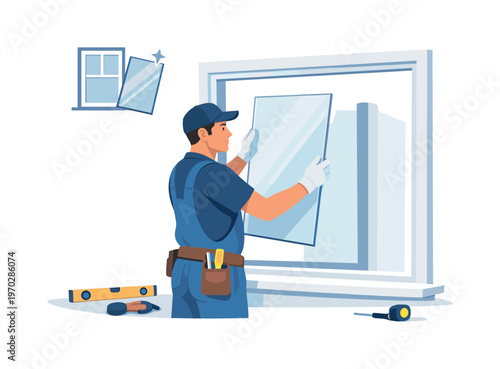A window installation scene where a worker carefully fits a new glass panel into a frame in a home improvement setting with precise alignment and