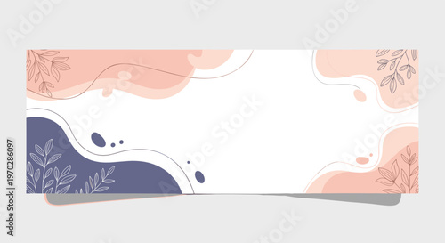 Abstract horizontal banner with soft organic shapes pastel colors and delicate floral line art for website header design.