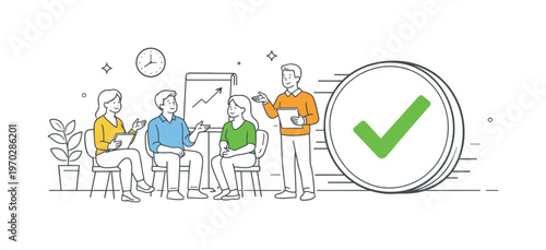 Colleagues maintaining healthy productivity momentum and reinforcing predictable work cycles together during a calm progress reflection session in a