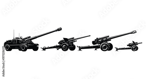 Three self propelled howitzers depicted in a striking black silhouette high quality