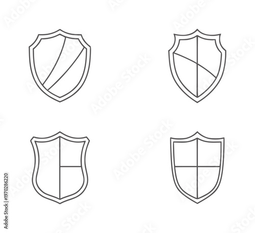 Four black and white heraldic shield with simple line shields lines