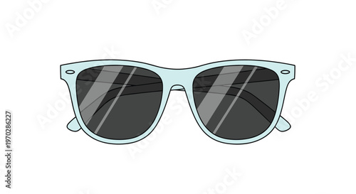 Classic wayfarer style sunglasses with light blue frame and dark lenses for summer fashion and travel accessories illustration.