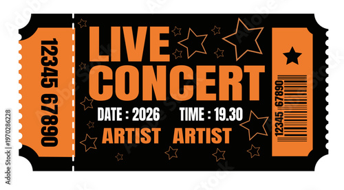 Live concert ticket vector template, orange and black event pass with stars and barcode, music festival admission stub with serial numbers